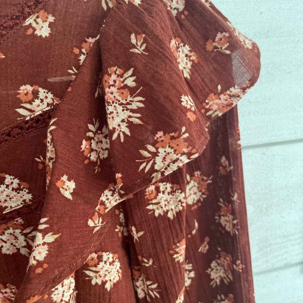 Madewell Ladder Trim Ruffle top burgundy floral Loose boho Women’s oversized XS - Picture 4 of 9